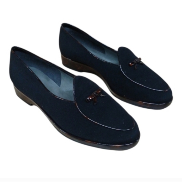 Stuart Weitzman Black Canvas Bow Front Loafers Size 8.5